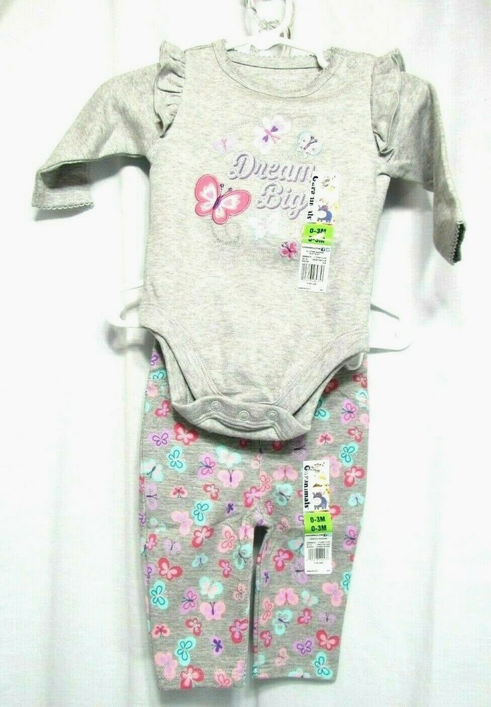 New Garanimals Bodysuit and Pants Size 0-3 Months Gray “DREAM BIG” Butterflies