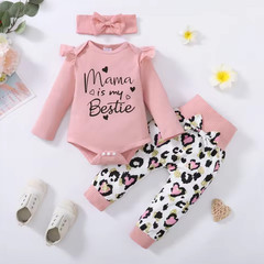 Baby Girl Daily Outfit Set – Mama Print Long Sleeve Romper + Heart Print Pants