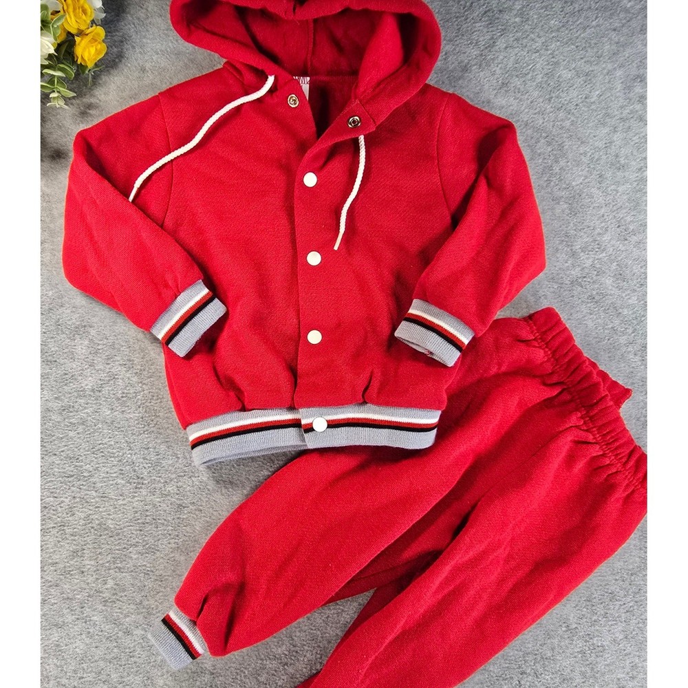 Vintage Sears 18-24m Medium Red Hooded Varsity Jacket Pants Set 80s Athleisure