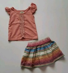 Peek Little Peanut Baby Girls 3-6M Outfit Peach Top Rainbow Striped Linen Skirt
