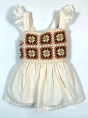 HAUTE HIPPIE Girls Boho Crochet Dress Cream 12M Cottagecore Granny Squares Retro