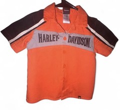 Harley Davidson orange & black button-up shirt with grey stripe and logo, Sz 2T