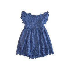 Blue Crochet Lace Girl’s Dress – Flutter Sleeve Pom Pom Trim Coquette Prairie