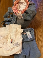 Vtg Gymboree Country Picnic denim capri pants white eyelet trim blouse purse 5