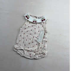 Chickpea Organic Baby Romper 6-9M Cherry Print Gauze Crochet Collar NWT
