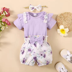 Baby Girl Clothes Set Purple Short Sleeve Romper + Flowers Shorts with Headband