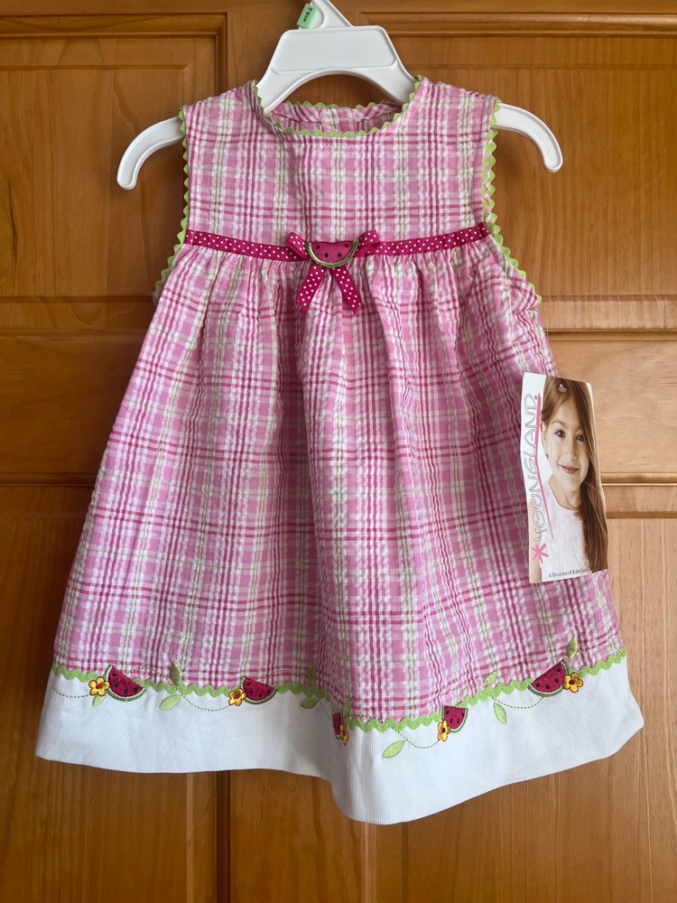 NWT Youngland Seersucker Watermelon Sleeveless Dress 24 Mo Rick Rack~Ribbon