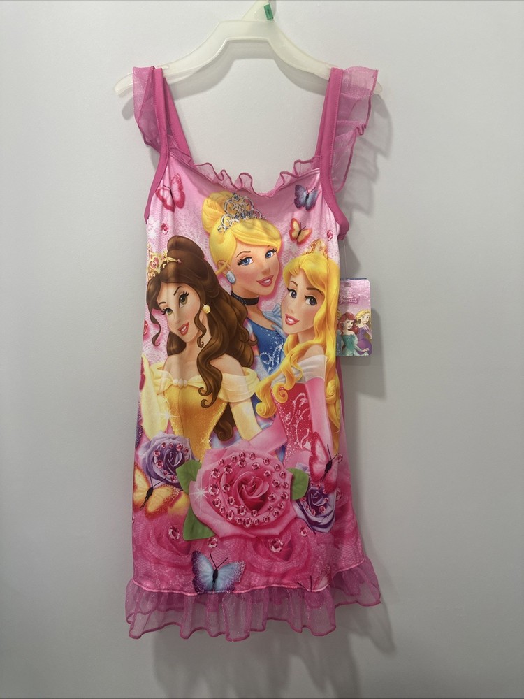 Princess Belle, Cinderella, Aurora Floral Butterfly Pink Satin Nightgown Size 5T