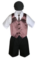 5pcs Boy Toddler Formal Vest Suit Satin Vest Necktie BLACK Shorts & Hat