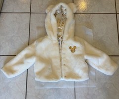 Disney Hooded Faux Fur Jacket Mickey Sequin Snowflake White/Gold Size 2 *UNUSED*