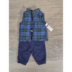 Blue & Green Plaid Puffer Vest with Navy Pants Set