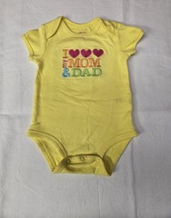 Carter’s Yellow Bodysuit Snap Short Sleeved Embroidered text “I ❤️ MOM & DAD 12M