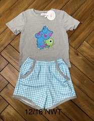 Lolli Smocks Monsters, Inc. Sulley Mike 2pc Cotton Knit Shorts Set 12-18M Gray
