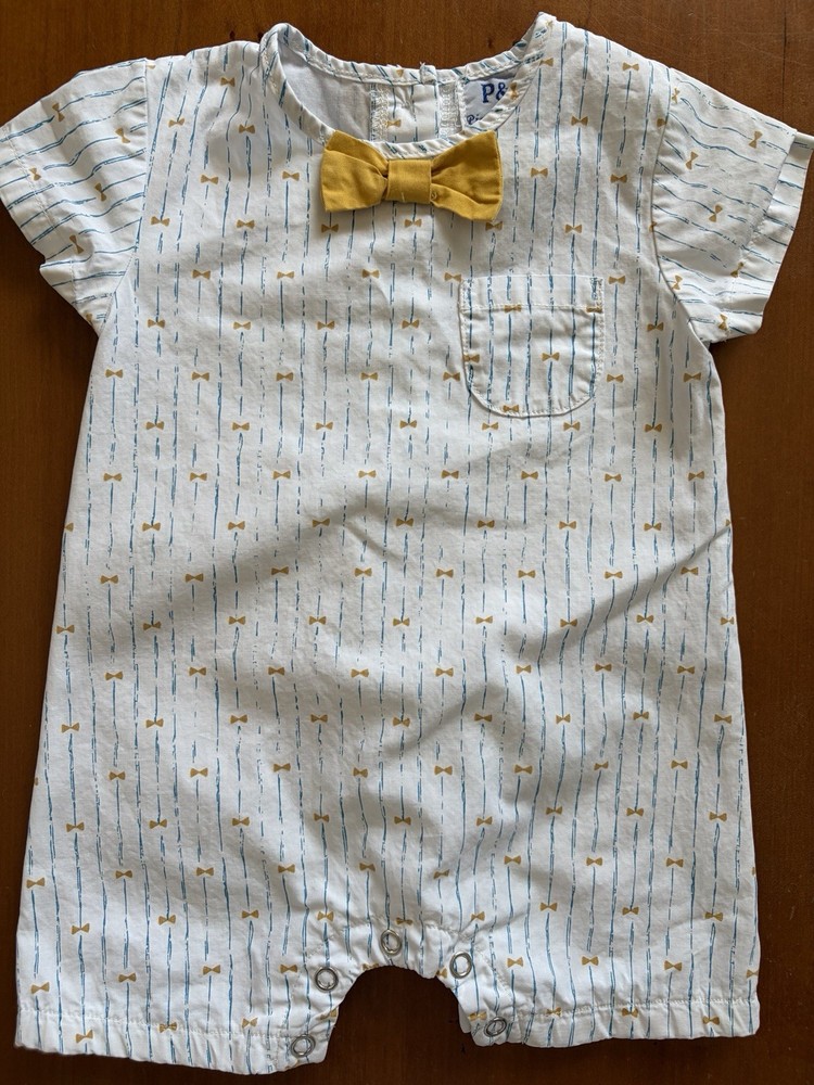 P&P Piccino Piccina (Italy) White/Blue/Gold Bow Tie 100% Cotton Romper-6Mos