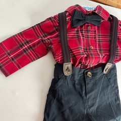 Carters Baby Boys 3M 4-Piece Plaid Shirt Suspenders Pants Bow Tie Set Red Black