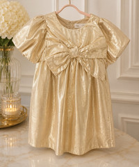 ZARA Girls Gold Metallic Puff Short Sleeve Bow A-Line Knee Dress 4T Party