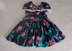 Vtg 1980s Girls Floral Party Dress Navy Pink Roses Lace Trim Full Skirt Sz 3T