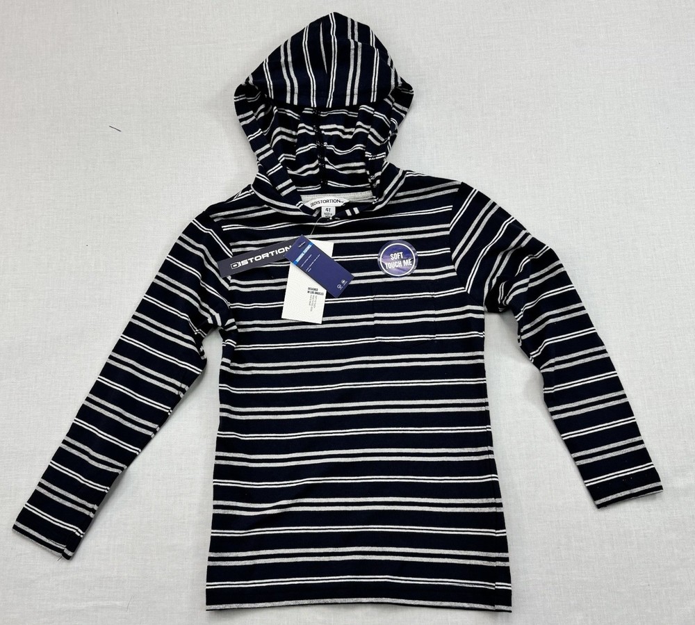 NEW Distortion Hooded Jersey Top Soft Cotton Stripe Navy Toddler Unisex 4T