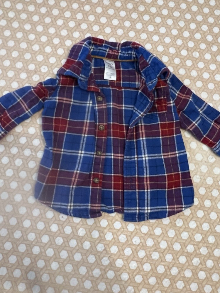 Carters Boys Size 3 Months Blue Red White Plaid Button Up Long Sleeve Shirt