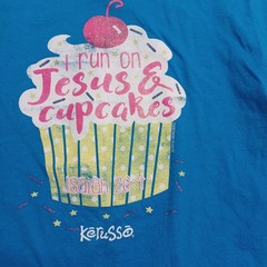 Fruit Of The Loom Girls S Blue Crew T-Shirt Sleeve I Run On Jesus & Cupcakes