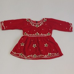Red Velvet Hand Beaded Baby Dress Nepali Pasni 20″ waist 12-18 Months Zipper