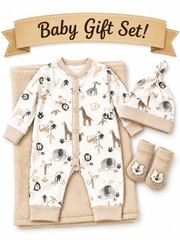 NWT Baby Essentials Baby Boy 4Pc Gift Set Safari Sleeper Blanket Hat 6 Months