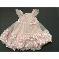 Nannette Baby Pink Smocked Tulle 12M Dress with 3D Rose Flower Trim Bow Accent