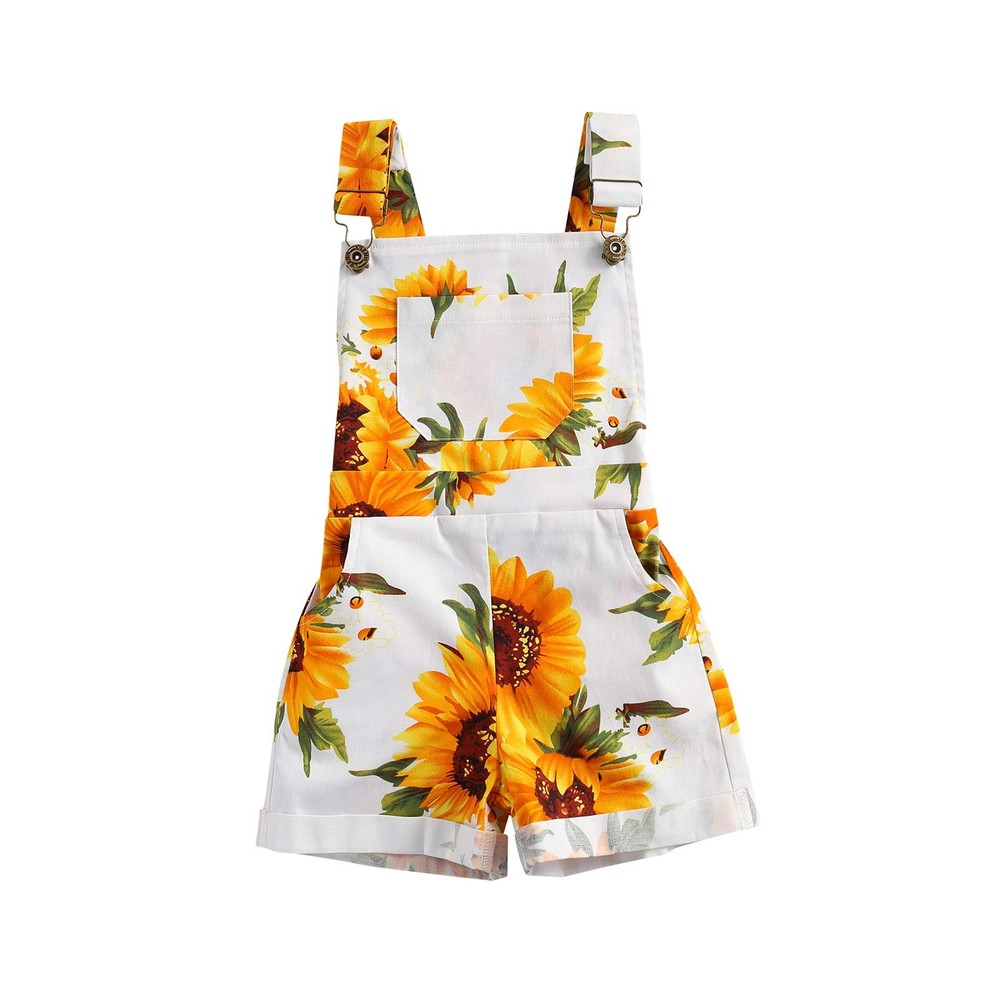 Baby Girl Sunflower Print Overalls Shorts with Pocket Suspender Trousers Cute…