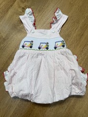 Classic Whimsy Golf Cart Smocked Bubble Romper Baby Girl 3-6mo Pink Seersucker