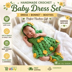 Handmade Crochet Baby Dress Newborn Dress With Booties and Cap Matinee Set Green