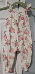 Mud Pie Romper Jumper Overalls White Pink Roses Green Floral Baby Girl 12-18 Mos