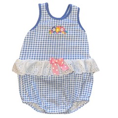 VTG Buster Brown Toddler 24 Months Romper Blue Gingham Lace Ruffle Flowers Bow