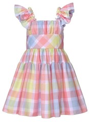 NWT Bonnie Jean Girls Easter Dress 2T Pastel Multi-Color Check Flutter Sleeve