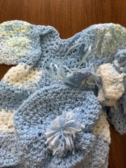 New! Handmade Blue/White/Green Layette Set Sweater/Jacket, Hat, Booties 😍