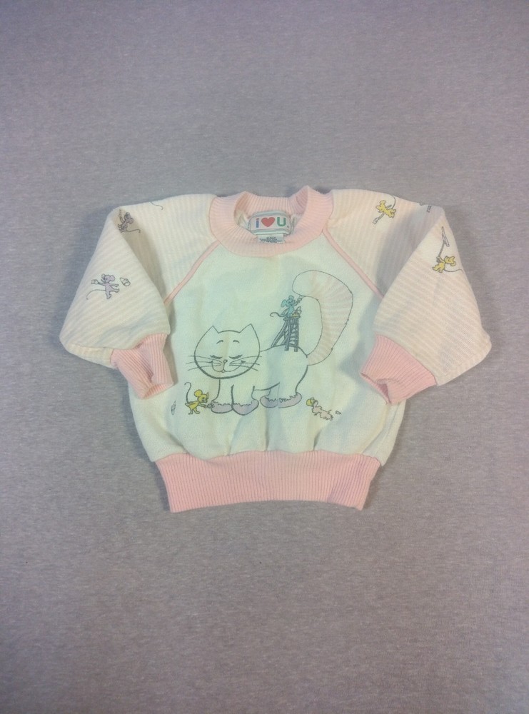 VTG 80s i ❤ U Pastel Pink Cat & Mouse Toddler Sweatshirt 24M ✨ Ultra Soft…