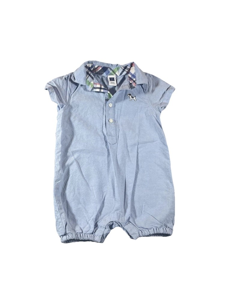 Janie And Jack Baby Boy Blue Linen-Cotton Romper Snap Bottom Dog 6-12 M
