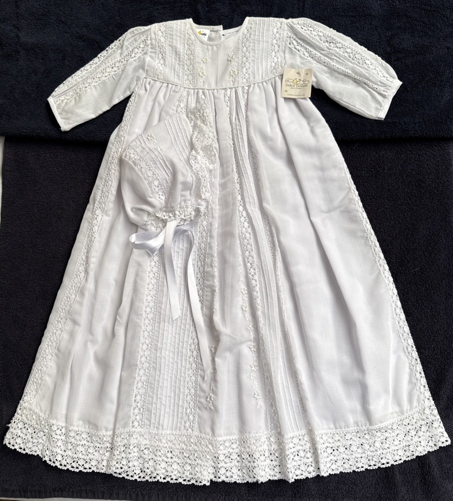 NWT Vintage Heirloom Dolce Goccia Designer Christening Gown & Bonnet Set 3 mths