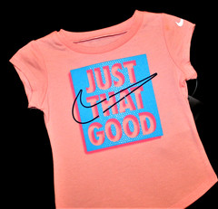 GIRLS NIKE T-SHIRT….12 MONTHS…SHORT SLEEVE…CORAL/BLUE/SPARKLY…NEW wt TAG