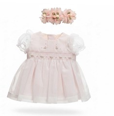 New Will’beth Pink Overlay Smocked Puff Slv Dress Preemie Baby Girl & headband