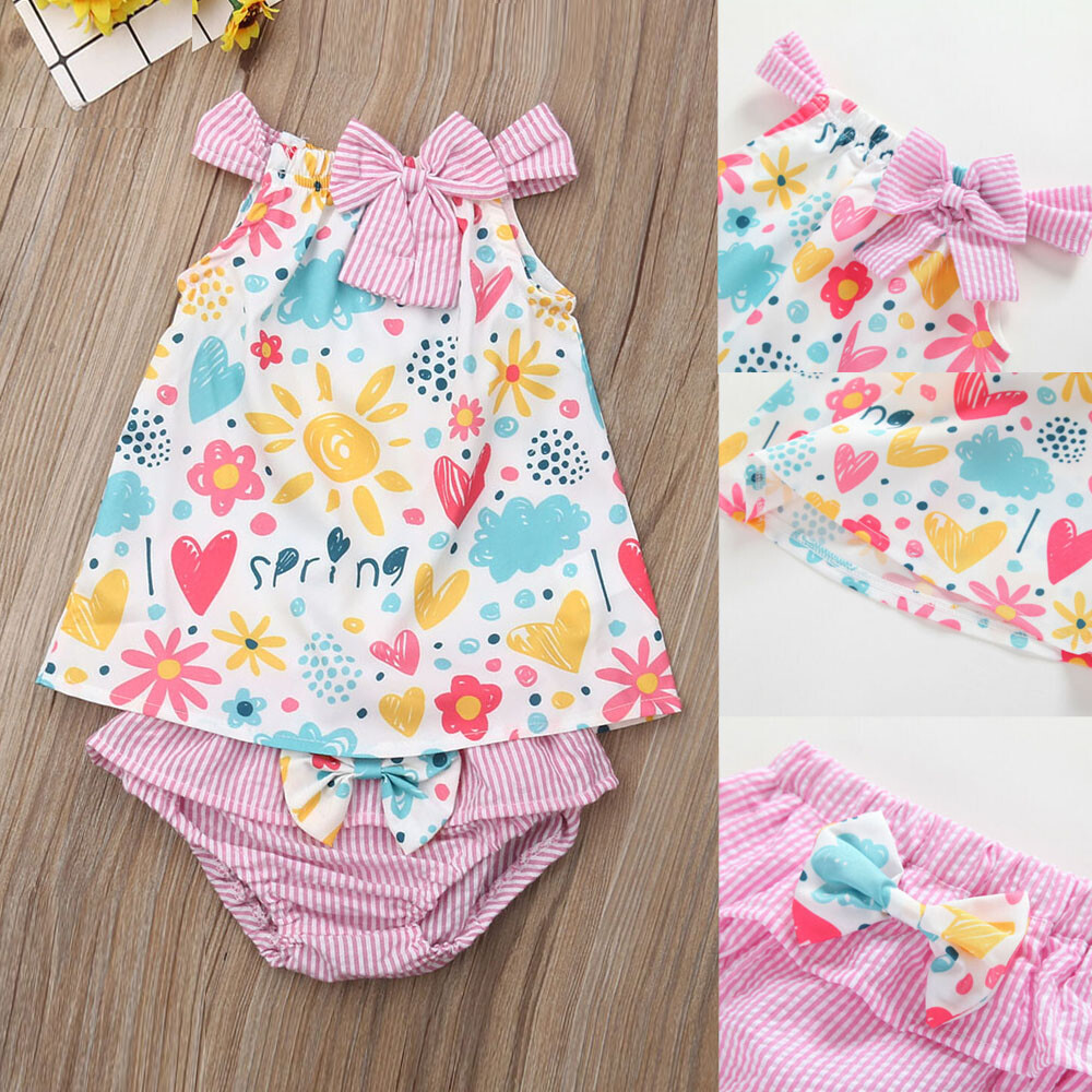 Newborn Baby Girl Clothes Heart Print Sleeveless T-shirt Tops Shorts Outfits