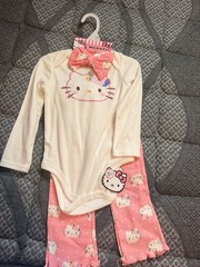 Hello Kitty Girls 24M 3pc Long Sleeve Cotton Outfit Set Bodysuit/Pants/Bow