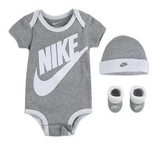 3 Piece Nike Baby Gift Set, 0-6 Months, Bodysuit Booties Hat, Gray, Unisex, B6