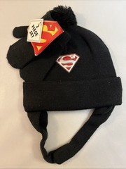 Superman Logo Black Knit Beanie And Gloves With Chin Strap, Infant/Toddler Small