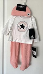 Converse 3-Piece Baby Girl Set 6M Pink/White Waffle Knit Hat Shirt pants NWT