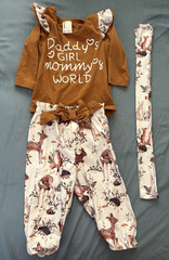 PatPat Baby Girls 3-6M 3pc Brown/White Cotton Knit Animal Pants Set Bow