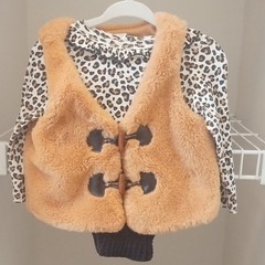 Girls 3-Piece Leopard Print Long Sleeve Top & Faux Fur Toggle Vest Pants Set