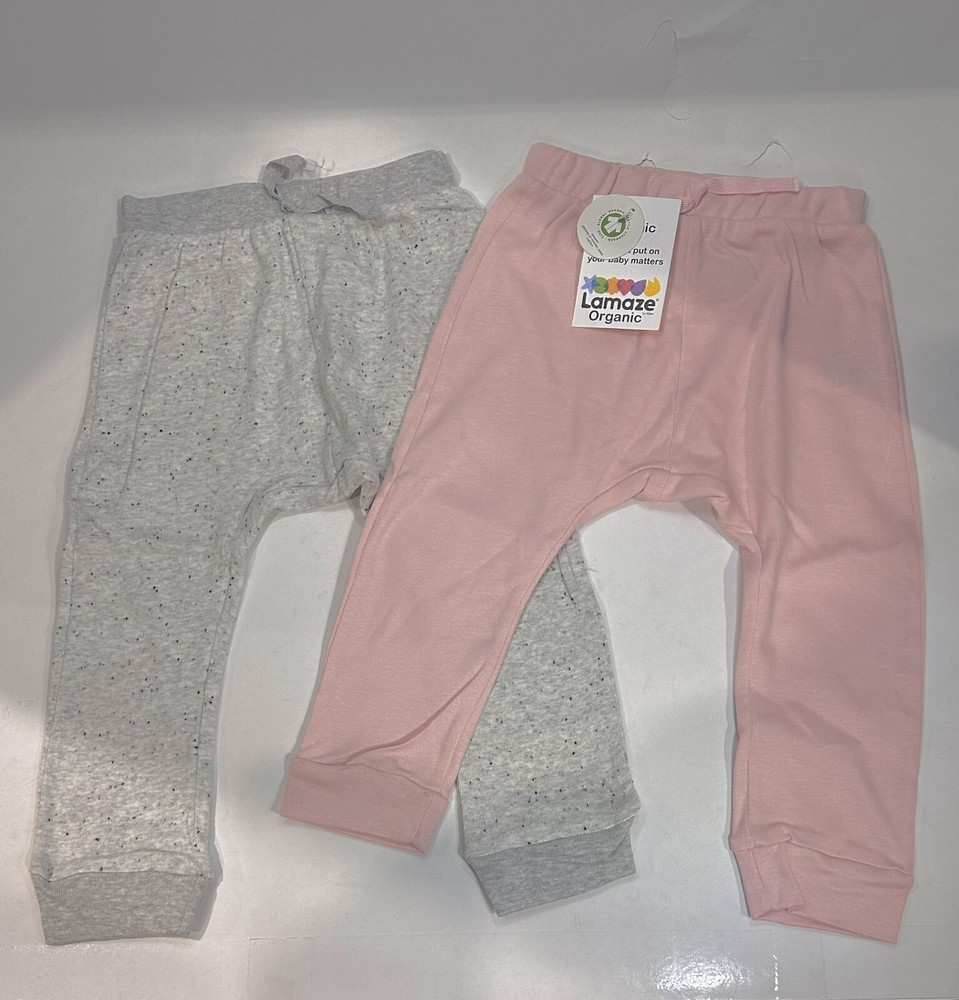 Lamaze Baby Girls’ 2pk Organic Cotton Solid Pull-On Harem Pants – Pink/Gray 9M
