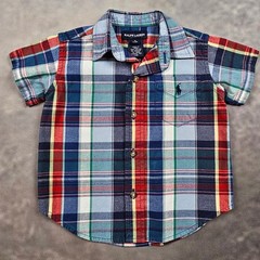 Ralph Lauren Baby Boy Plaid Short-Sleeve Button Down Shirt Y2K Pony Pocket 6-12M
