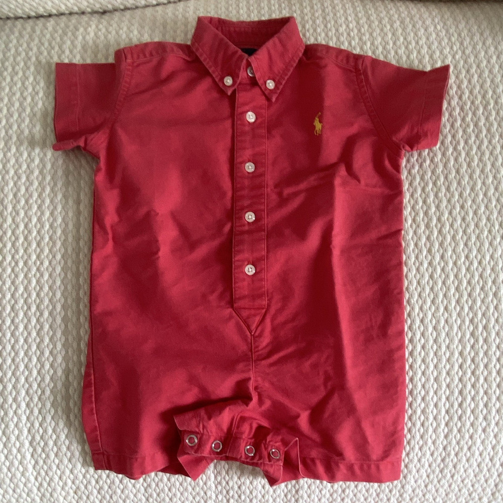 Ralph Lauren Red Collared Short Sleeve Logo One-Piece Romper 9-12 Months