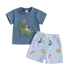 Toddler Boy Summer Set Dinosaur Embroidery O Neck Top with Striped Shorts